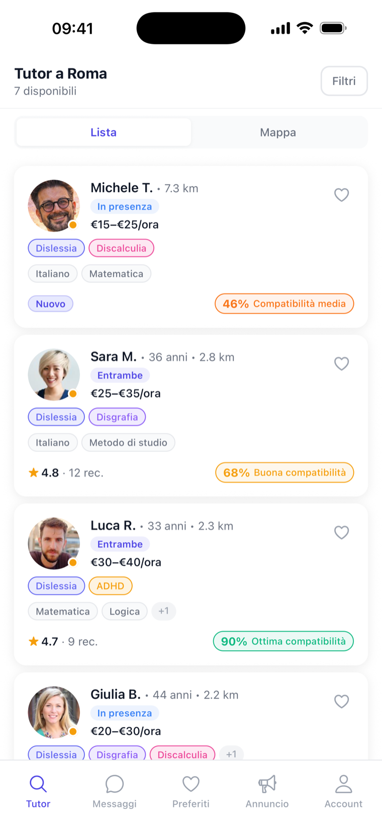 Lista dei tutor DSA con punteggio di compatibilità nell'app Help DSA